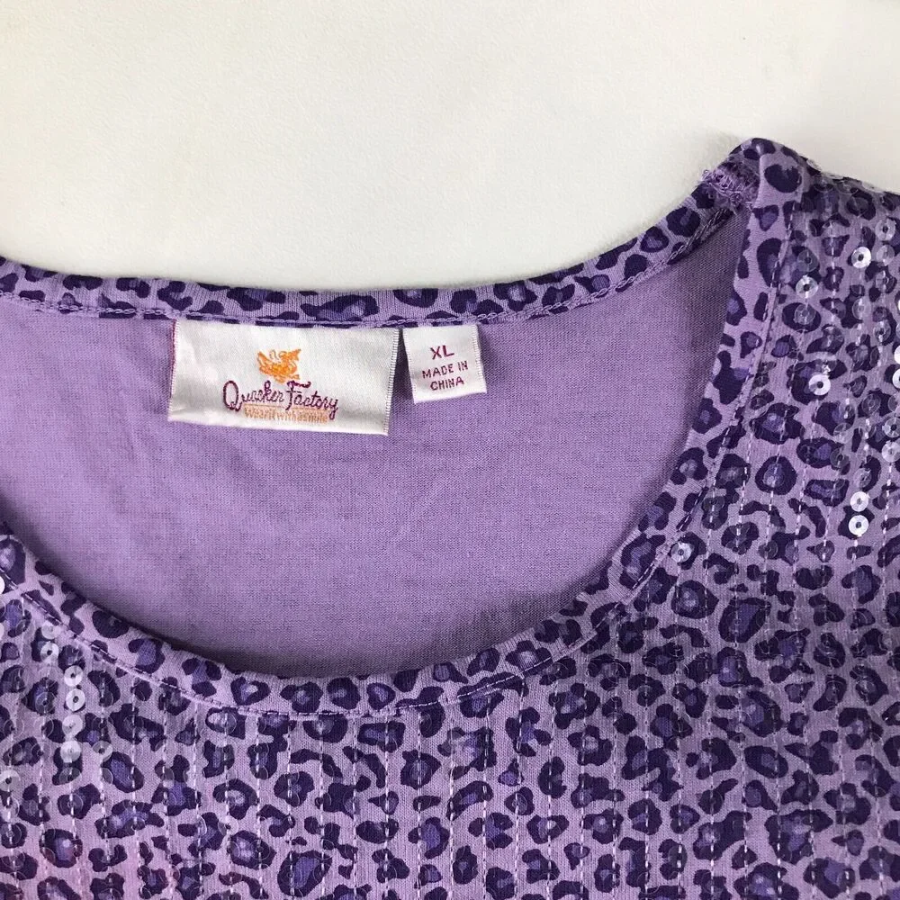 Quacker Factory Women's XL T-Shirt Purple Leopard Sequin Long Sleeve Tee CK13